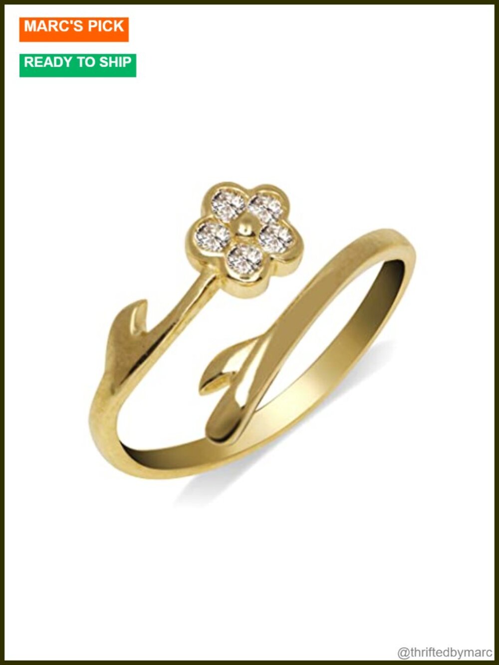 Solid 10K Yellow Gold CZ Flower Wrap Toe Ring - Adjustable